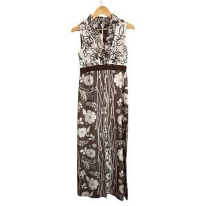 Vintage 60s Union Made Linen Sleeveless Brown White Retro Mod Floral Maxi Dress
